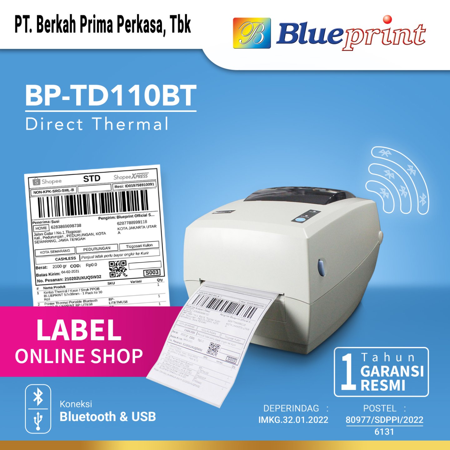 Printer Barcode Thermal Label Resi A6 BLUEPRINT TD110BT USB + BLUETOTH