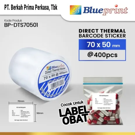 Sticker Label Direct Thermal Blueprint Direct Thermal Sticker Barcode 70x50 mm  400 pcs  Cocok untuk Label Obat 7050