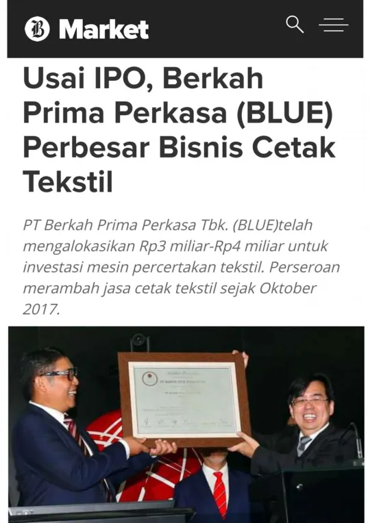 Usai IPO, Berkah Prima Perkasa (BLUE) Perbesar Bisnis Cetak Tekstil