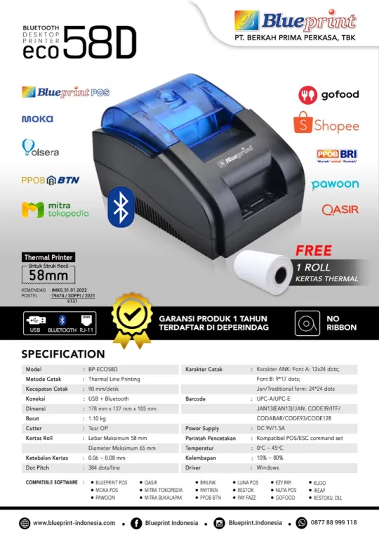 Printer Bluetooth thermal kasir ECO 58D Blueprint ( USB + BT + RJ11 )
