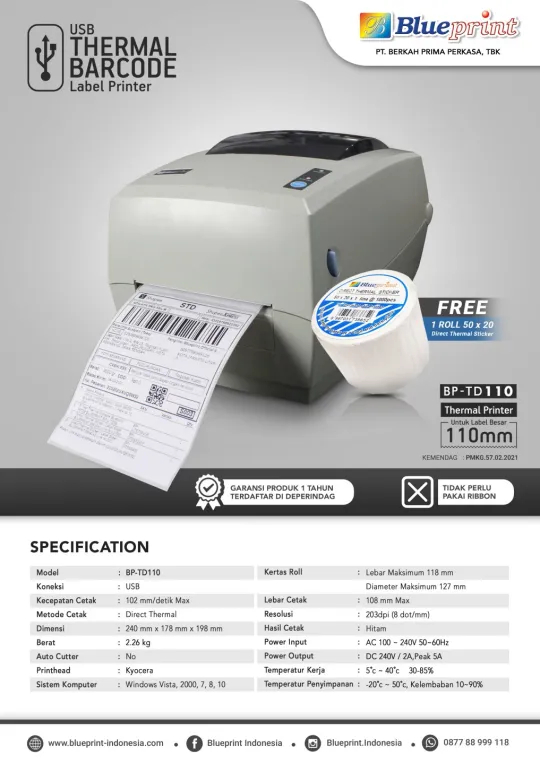 Printer Label Barcode Resi BLUEPRINT BP-TD110 - USB