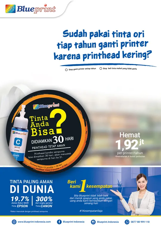 Sudah pakai tinta ori<br>tiap tahun ganti printer<br>karena printhead kering?<br>