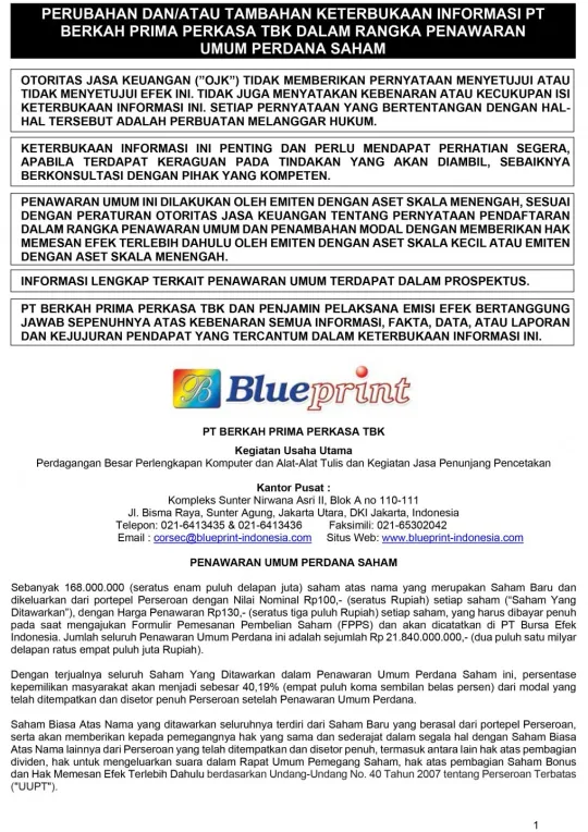 Perubahan dan/atau Tambahan Keterbukaan informasi PT. Berkah Prima Perkasa TBK dalam rangka penawaran umum perdana saham