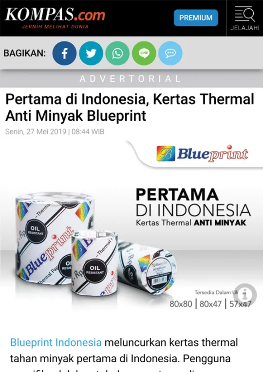 Pertama di INDONESIA. Blueprint luncurkan kertas thermal tahan minyak