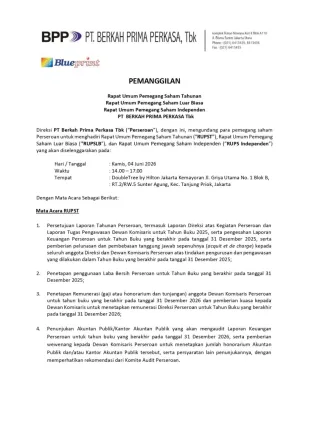 Hubungan Investor PANGGILAN RAPAT UMUM PEMEGANG SAHAM
