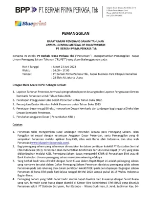 Investor Relation PANGGILAN RAPAT UMUM PEMEGANG SAHAM 23 JUNI 2023