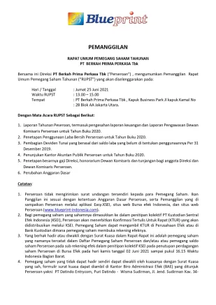 Investor Relation PANGGILAN RAPAT UMUM PEMEGANG SAHAM TAHUNAN