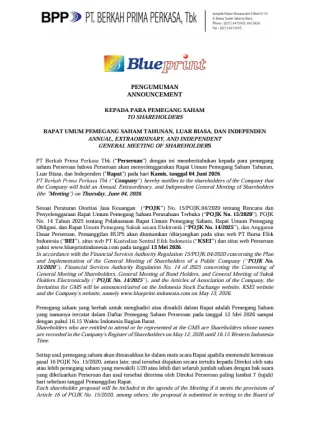 Hubungan Investor Pengumuman RUPS Tahunan Luar Biasa dan Independen BLUE 