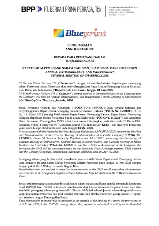 Pengumuman RUPS Tahunan, Luar Biasa dan Independen [BLUE ]