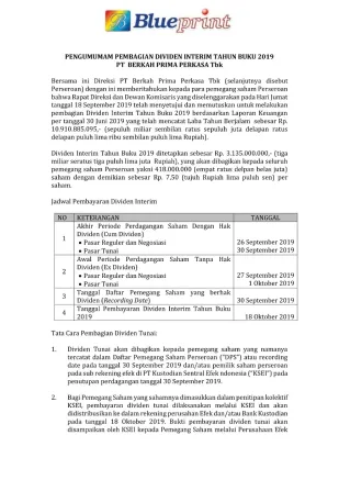 Hubungan Investor Pengumuman Dividen Interim 2019 PT Berkah Prima Perkasa Tbk