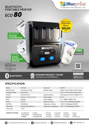 News Printer Portable Thermal 80 BLUEPRINT ECO80 USB  Bluetooth