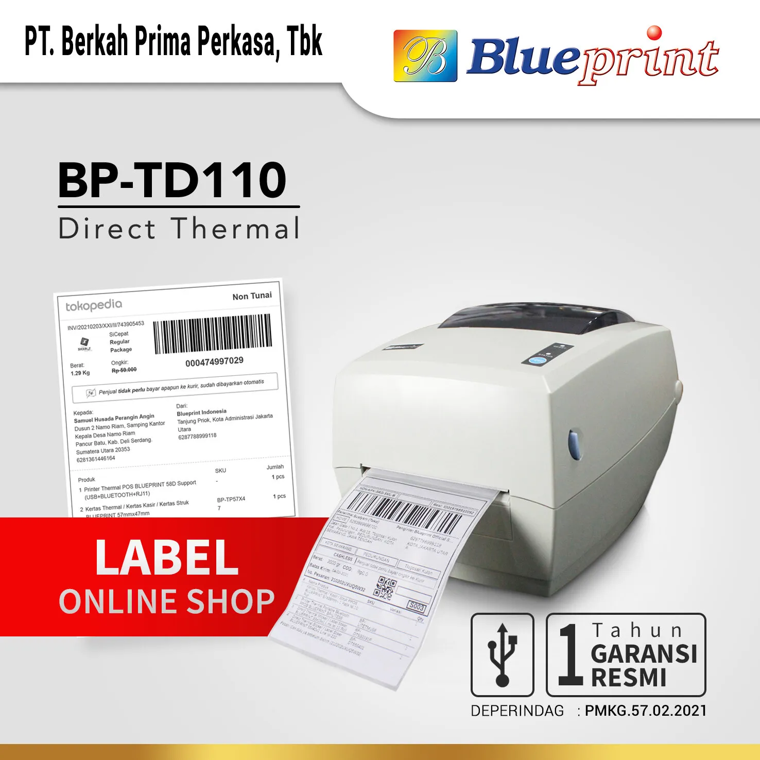 Printer Barcode Thermal / Printer Label Resi BLUEPRINT BP TD110 USB