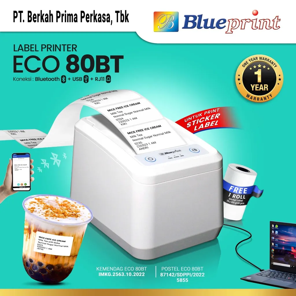Printer Label Thermal 80mm BLUEPRINT ECO80BT USB + Bluetooth Printer